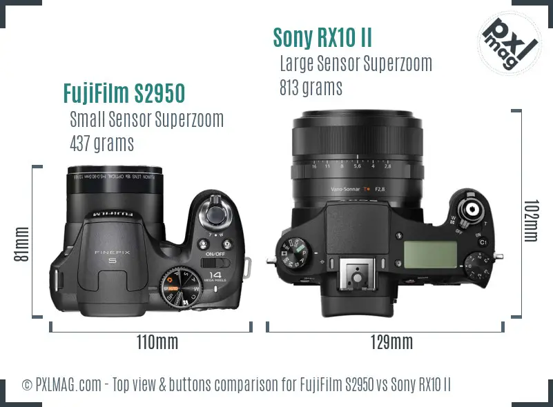FujiFilm S2950 vs Sony RX10 II top view buttons comparison