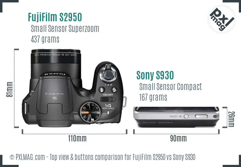 FujiFilm S2950 vs Sony S930 top view buttons comparison