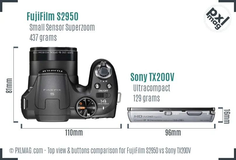 FujiFilm S2950 vs Sony TX200V top view buttons comparison
