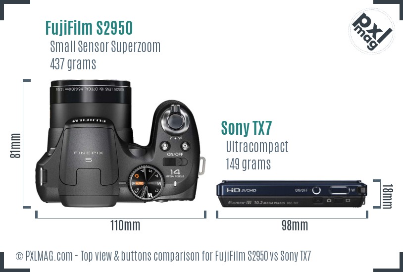 FujiFilm S2950 vs Sony TX7 top view buttons comparison