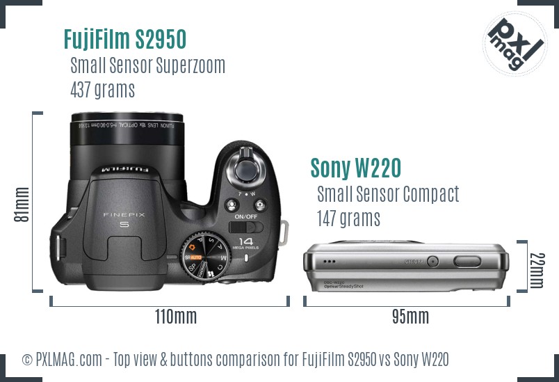 FujiFilm S2950 vs Sony W220 top view buttons comparison