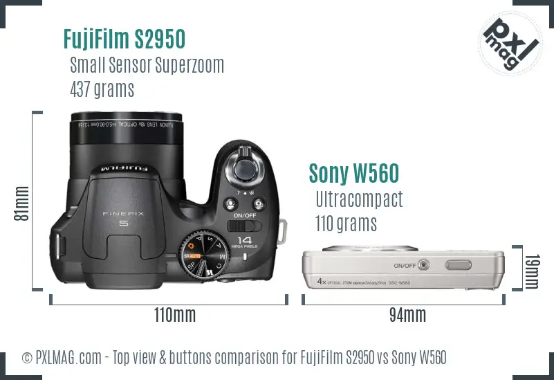 FujiFilm S2950 vs Sony W560 top view buttons comparison