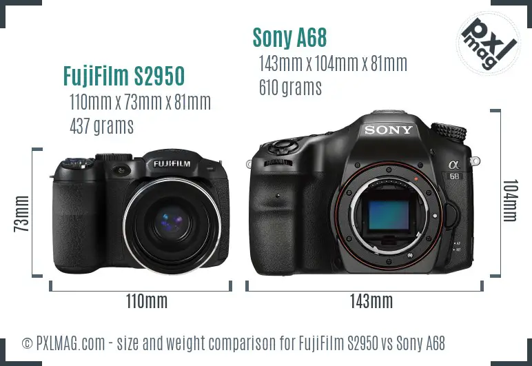 FujiFilm S2950 vs Sony A68 size comparison