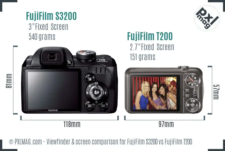 FujiFilm S3200 vs FujiFilm T200 Screen and Viewfinder comparison