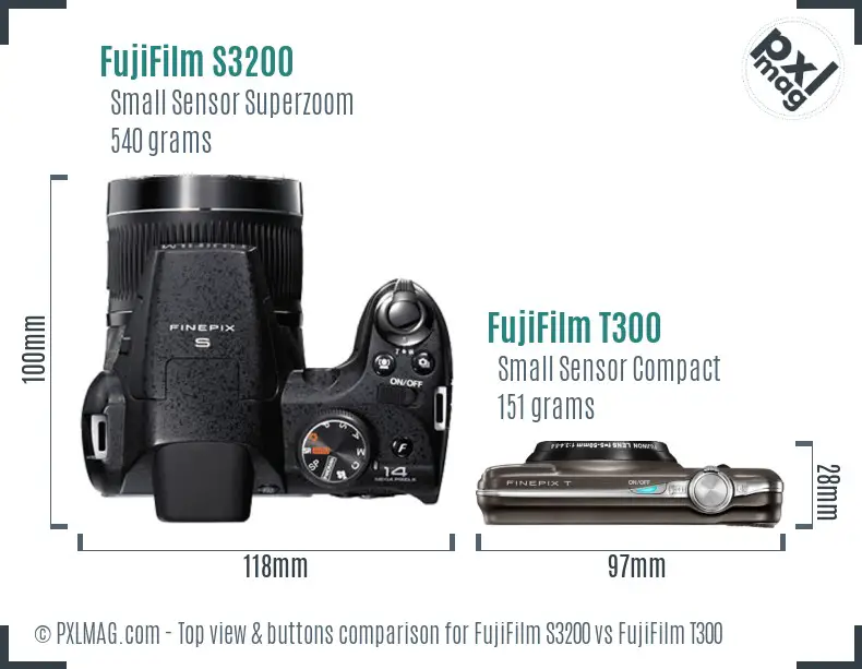 FujiFilm S3200 vs FujiFilm T300 top view buttons comparison FujiFilm S3200 vs FujiFilm T300 top view buttons comparison