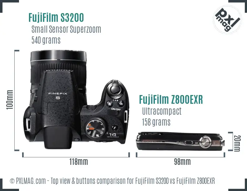 FujiFilm S3200 vs FujiFilm Z800EXR top view buttons comparison