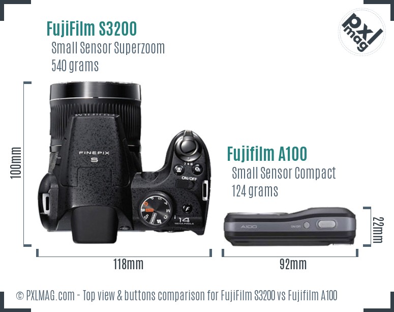 FujiFilm S3200 vs Fujifilm A100 top view buttons comparison