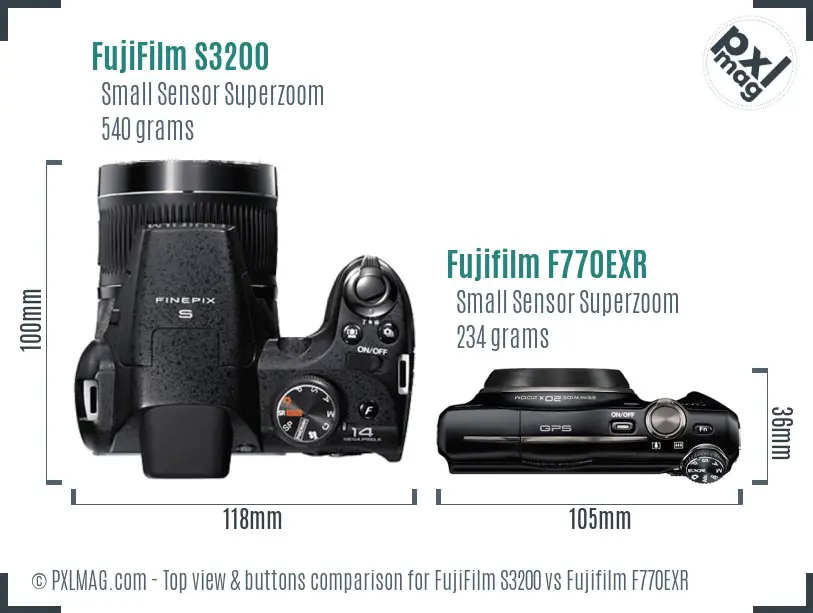 FujiFilm S3200 vs Fujifilm F770EXR top view buttons comparison