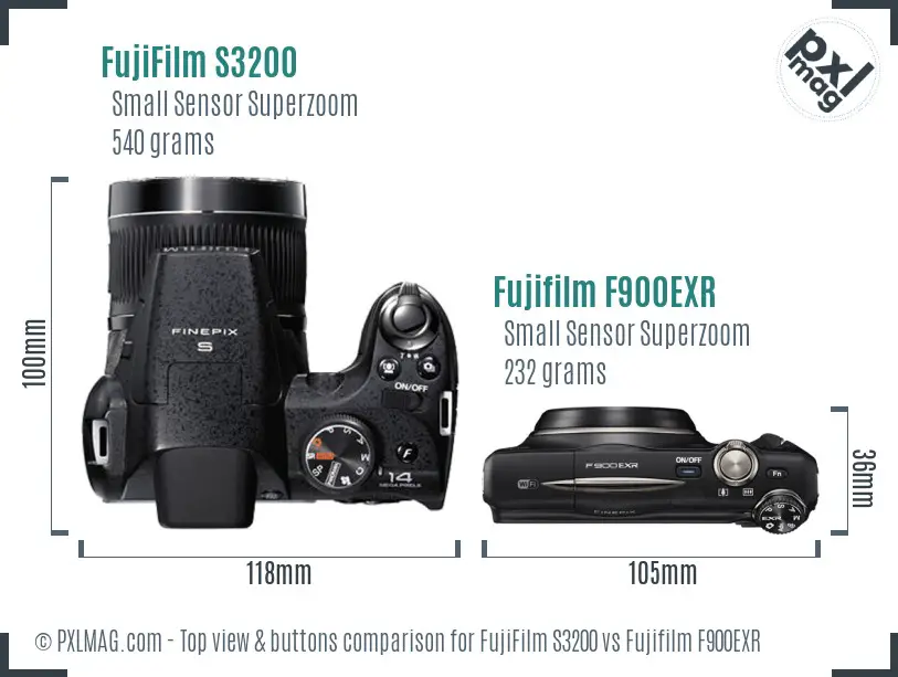 FujiFilm S3200 vs Fujifilm F900EXR top view buttons comparison