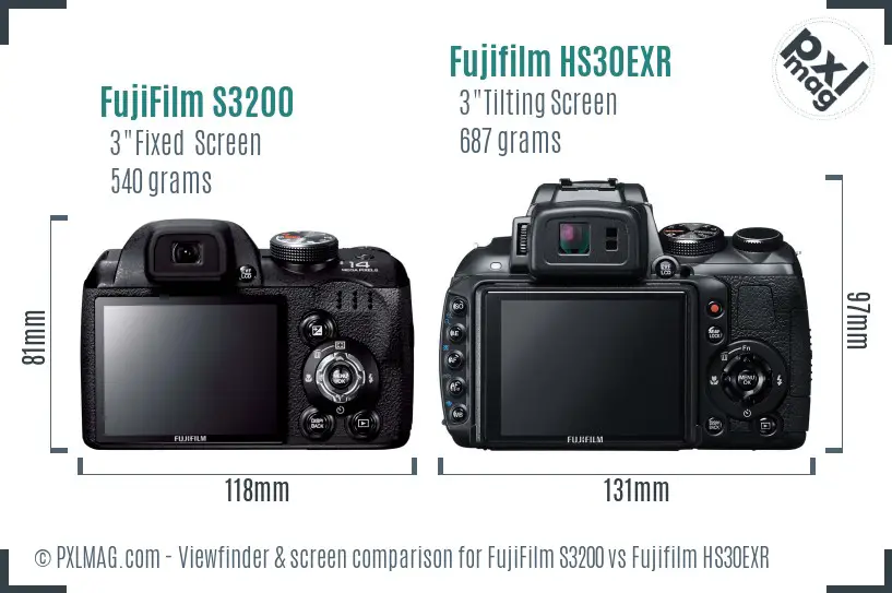 FujiFilm S3200 vs Fujifilm HS30EXR Screen and Viewfinder comparison