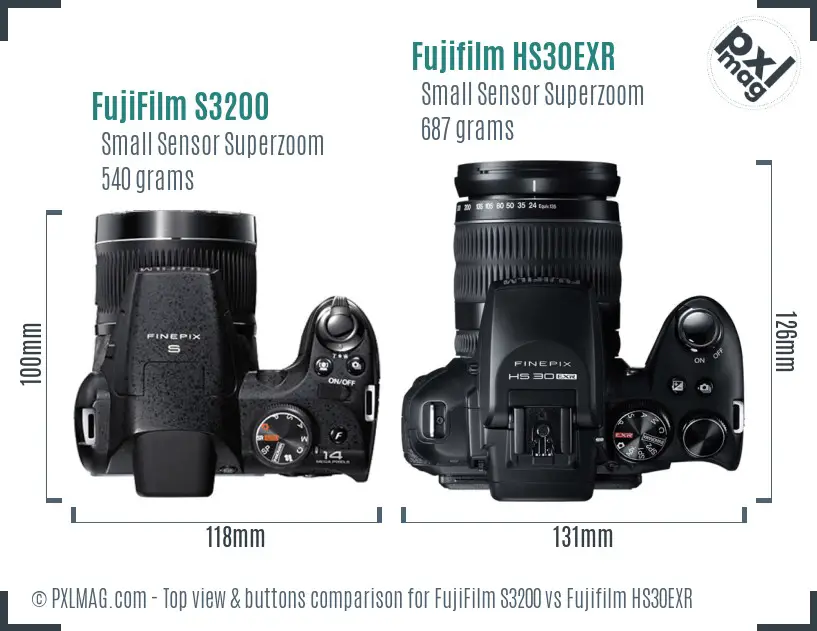 FujiFilm S3200 vs Fujifilm HS30EXR top view buttons comparison