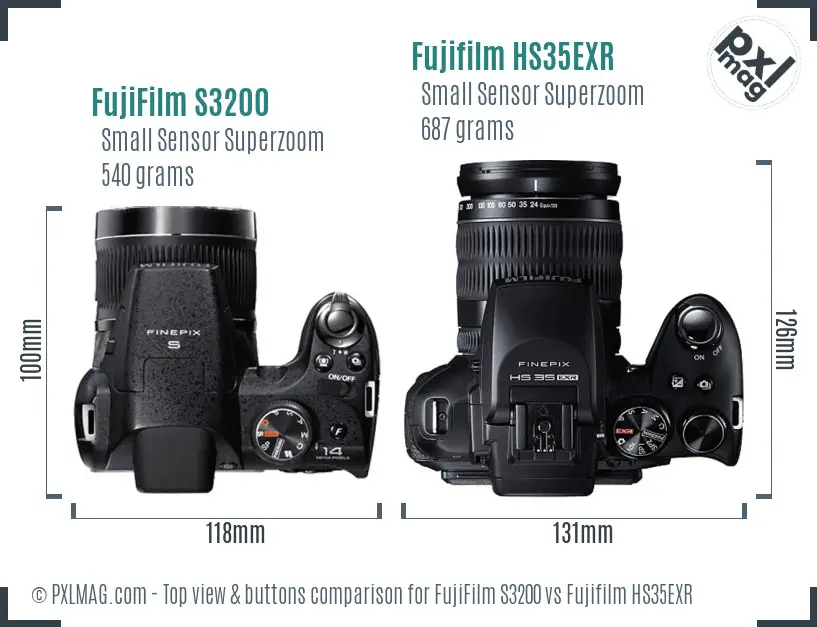 FujiFilm S3200 vs Fujifilm HS35EXR top view buttons comparison