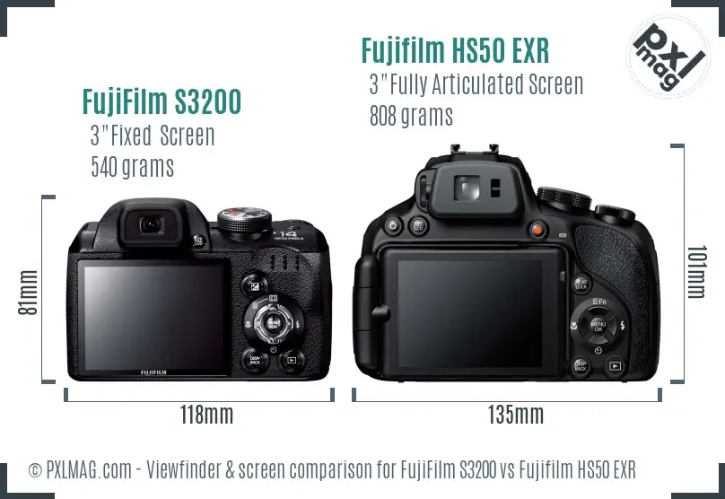 FujiFilm S3200 vs Fujifilm HS50 EXR Screen and Viewfinder comparison