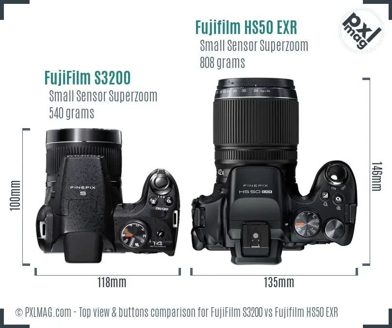 FujiFilm S3200 vs Fujifilm HS50 EXR top view buttons comparison