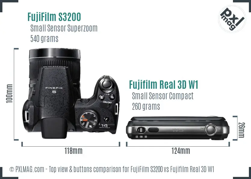 FujiFilm S3200 vs Fujifilm Real 3D W1 top view buttons comparison