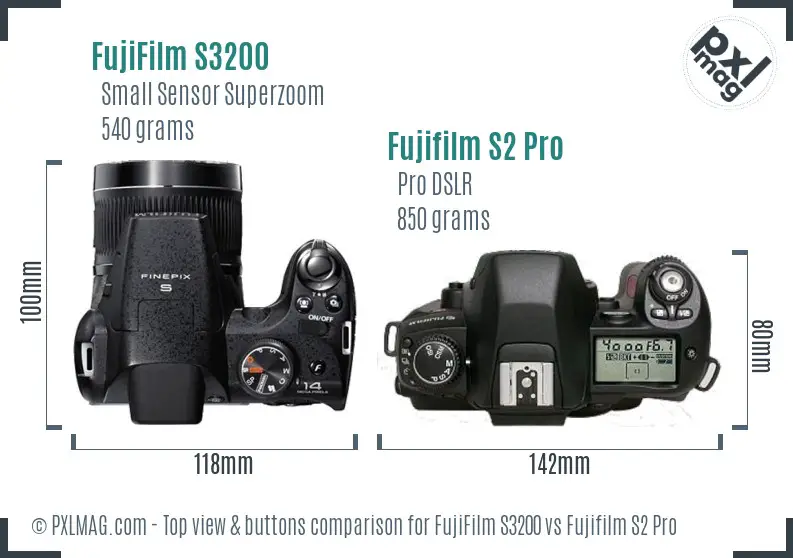 FujiFilm S3200 vs Fujifilm S2 Pro top view buttons comparison