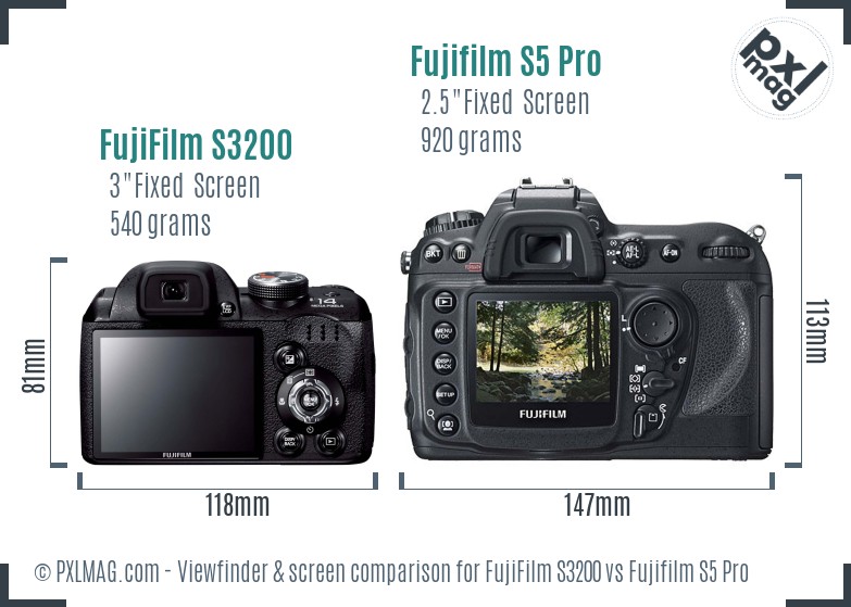 FujiFilm S3200 vs Fujifilm S5 Pro Screen and Viewfinder comparison