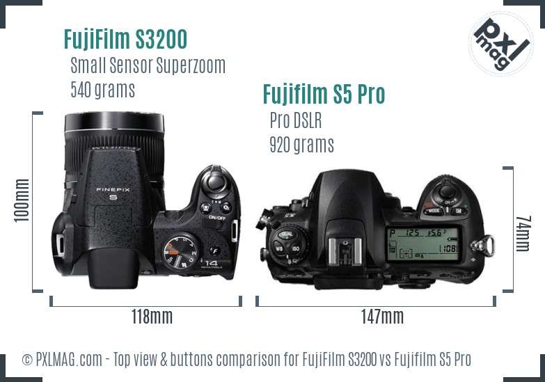 FujiFilm S3200 vs Fujifilm S5 Pro top view buttons comparison