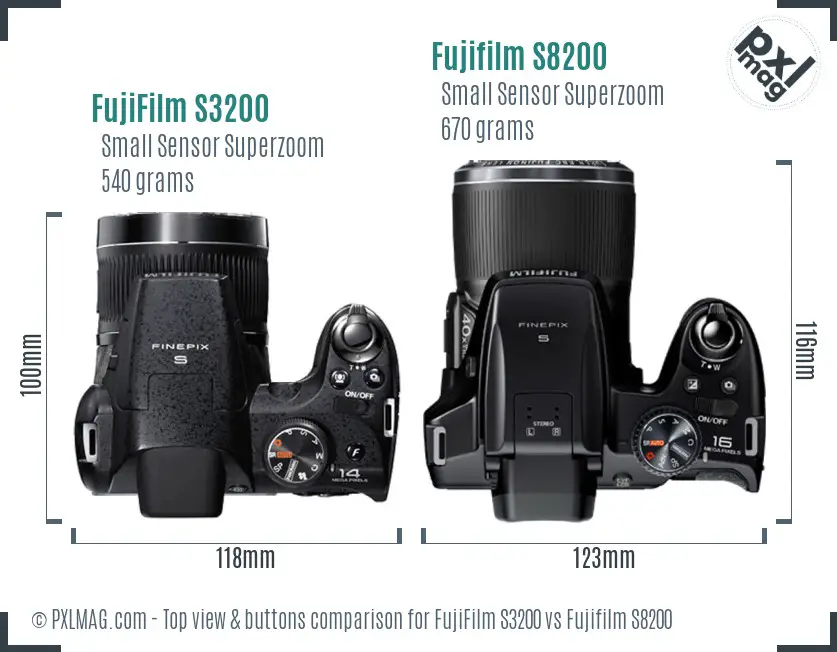 FujiFilm S3200 vs Fujifilm S8200 top view buttons comparison