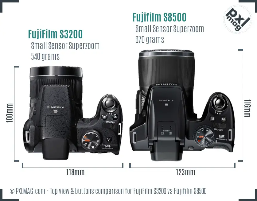 FujiFilm S3200 vs Fujifilm S8500 top view buttons comparison