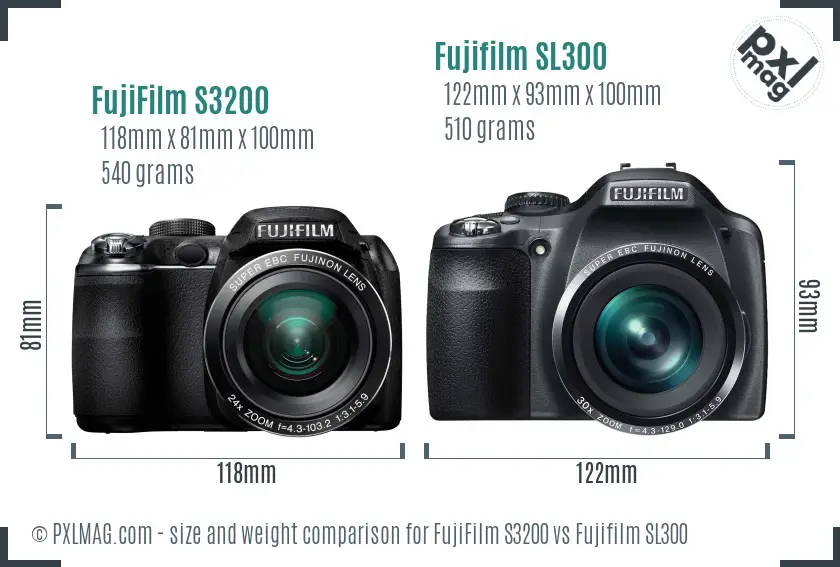 FujiFilm S3200 vs Fujifilm SL300 size comparison