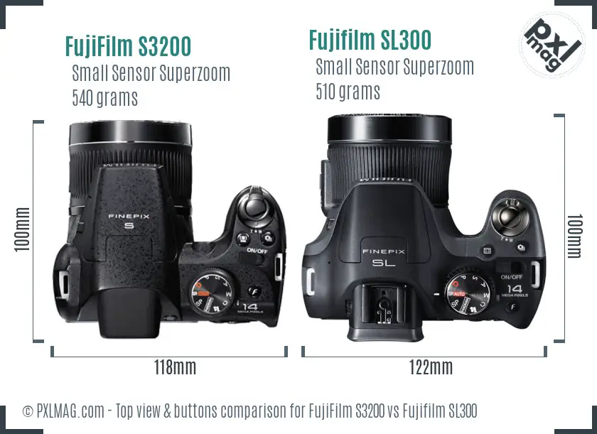 FujiFilm S3200 vs Fujifilm SL300 top view buttons comparison