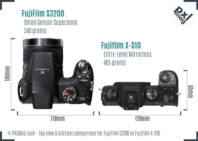 FujiFilm S3200 vs Fujifilm X-S10 top view buttons comparison