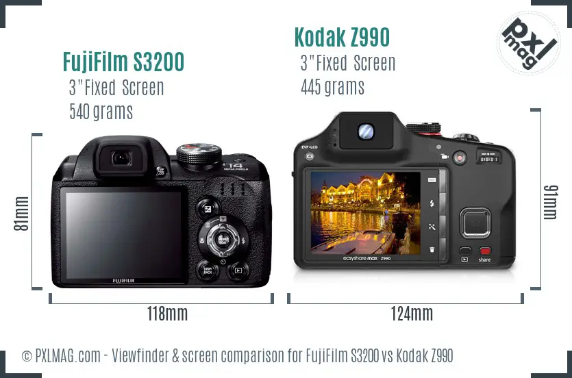 FujiFilm S3200 vs Kodak Z990 Screen and Viewfinder comparison