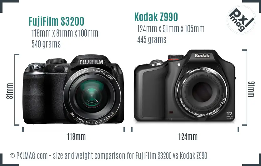 FujiFilm S3200 vs Kodak Z990 size comparison