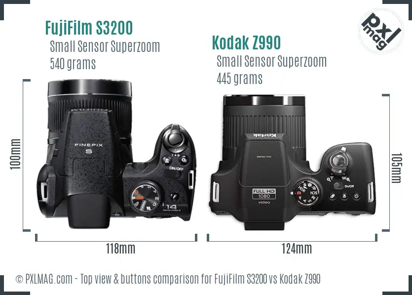 FujiFilm S3200 vs Kodak Z990 top view buttons comparison