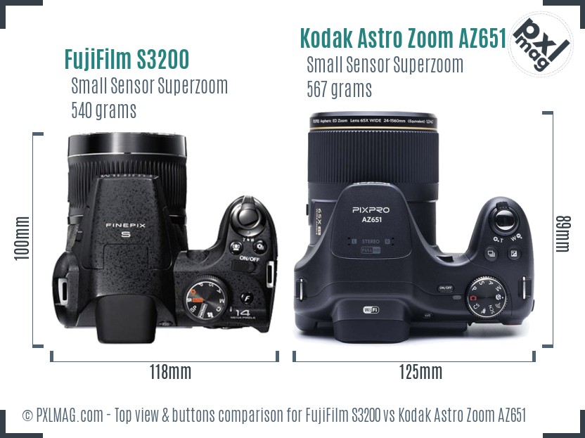 FujiFilm S3200 vs Kodak Astro Zoom AZ651 top view buttons comparison