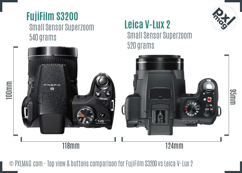 FujiFilm S3200 vs Leica V-Lux 2 top view buttons comparison FujiFilm S3200 vs Leica V-Lux 2 top view buttons comparison