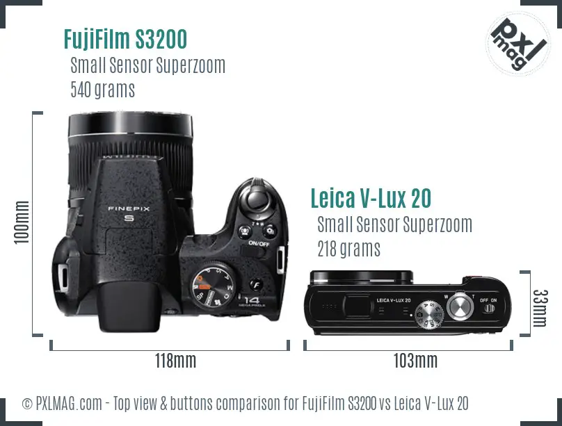 FujiFilm S3200 vs Leica V-Lux 20 top view buttons comparison