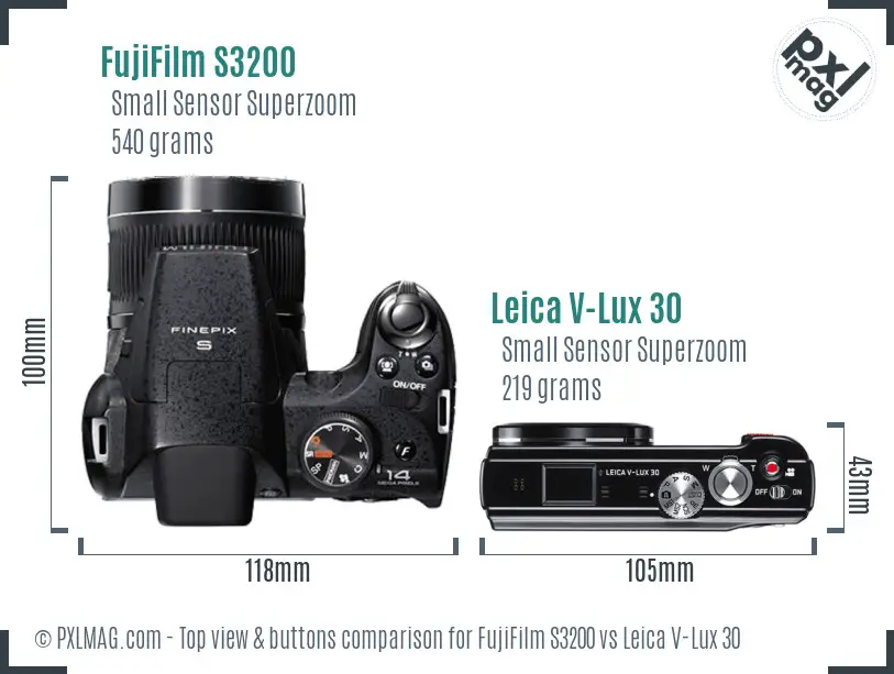 FujiFilm S3200 vs Leica V-Lux 30 top view buttons comparison