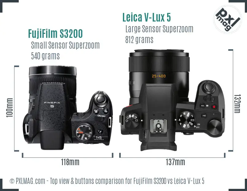 FujiFilm S3200 vs Leica V-Lux 5 top view buttons comparison