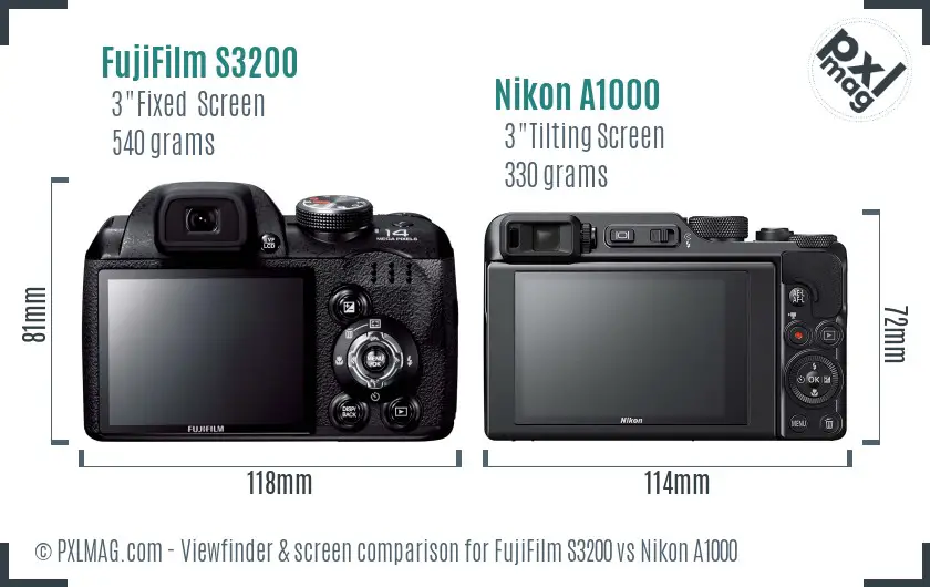 FujiFilm S3200 vs Nikon A1000 Screen and Viewfinder comparison