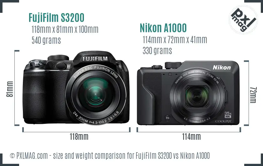 FujiFilm S3200 vs Nikon A1000 size comparison