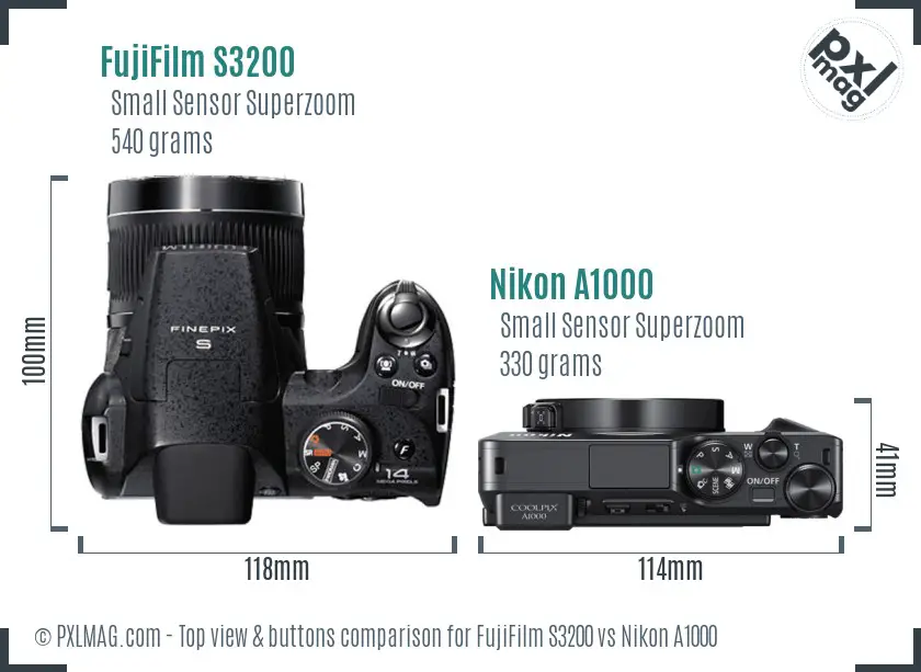 FujiFilm S3200 vs Nikon A1000 top view buttons comparison