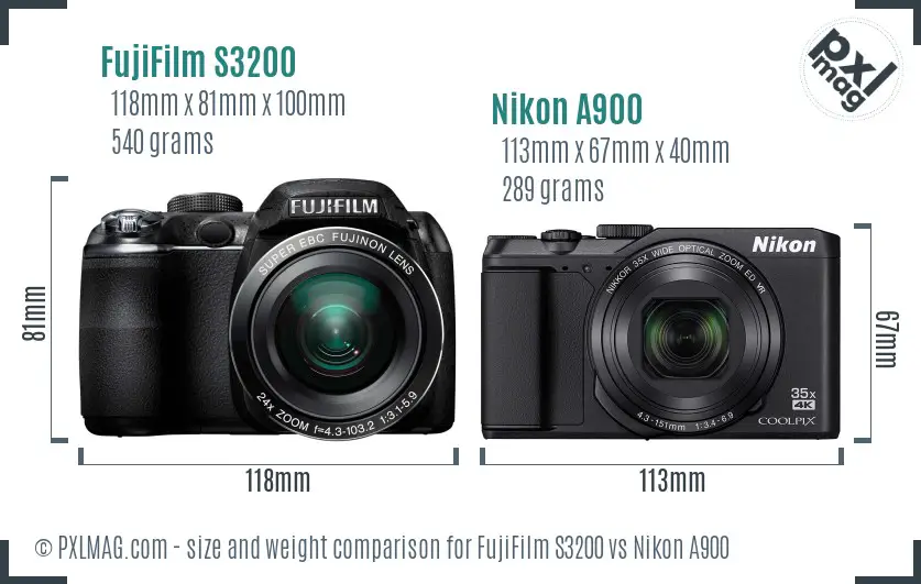 FujiFilm S3200 vs Nikon A900 size comparison