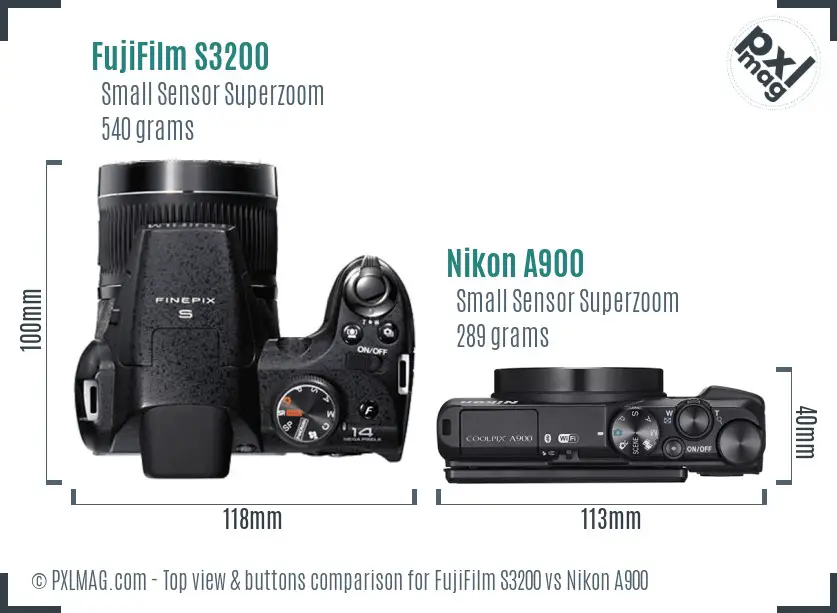 FujiFilm S3200 vs Nikon A900 top view buttons comparison