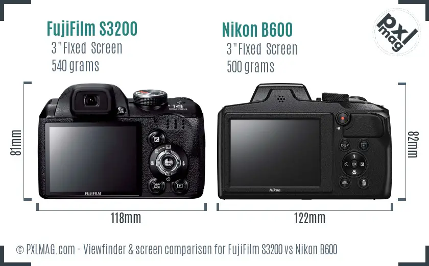 FujiFilm S3200 vs Nikon B600 Screen and Viewfinder comparison FujiFilm S3200 vs Nikon B600 Screen and Viewfinder comparison