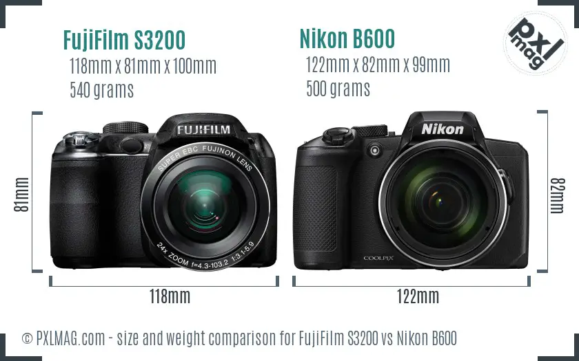 FujiFilm S3200 vs Nikon B600 size comparison FujiFilm S3200 vs Nikon B600 size comparison