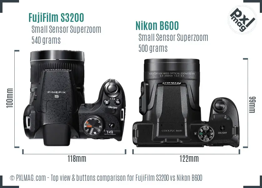 FujiFilm S3200 vs Nikon B600 top view buttons comparison FujiFilm S3200 vs Nikon B600 top view buttons comparison