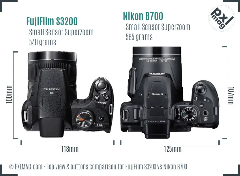 FujiFilm S3200 vs Nikon B700 top view buttons comparison