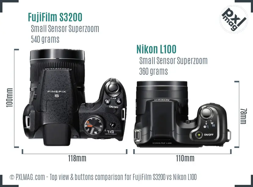 FujiFilm S3200 vs Nikon L100 top view buttons comparison