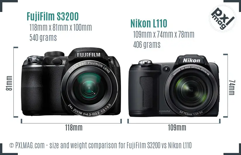 FujiFilm S3200 vs Nikon L110 size comparison