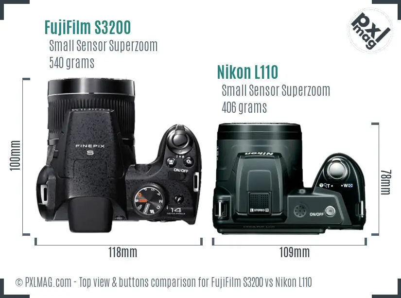 FujiFilm S3200 vs Nikon L110 top view buttons comparison