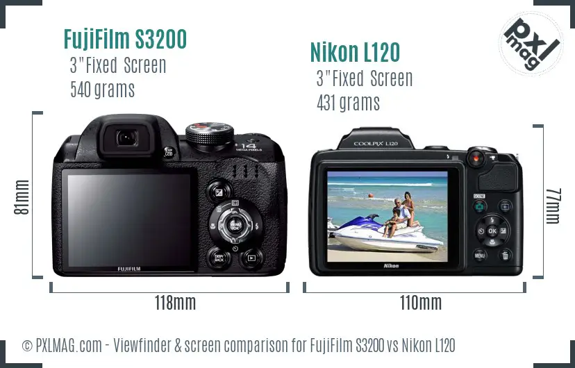 FujiFilm S3200 vs Nikon L120 Screen and Viewfinder comparison