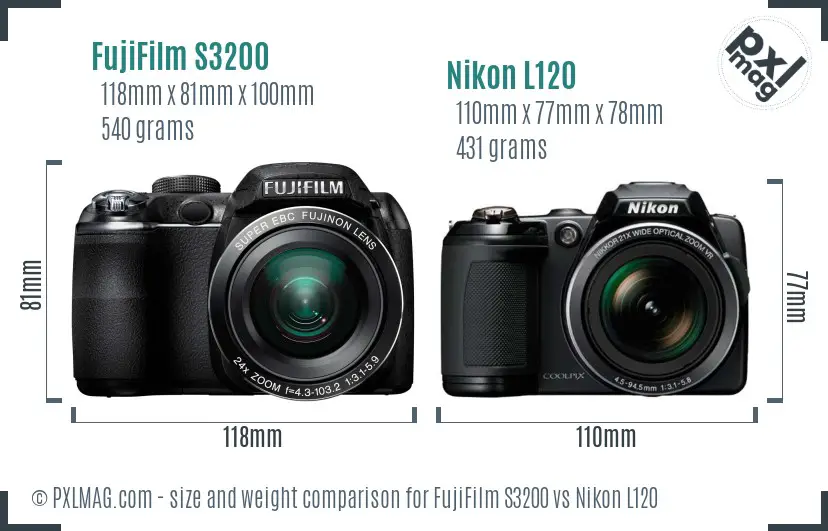 FujiFilm S3200 vs Nikon L120 size comparison