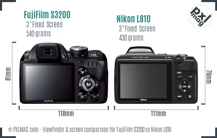 FujiFilm S3200 vs Nikon L810 Screen and Viewfinder comparison
